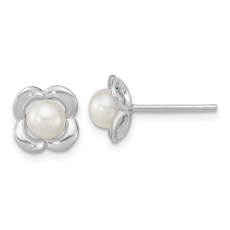 Sterling Silver Rh-Plated Polished Fwc Pearl Flower Post Earrings