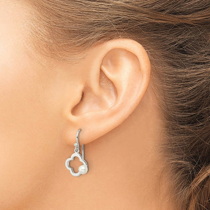 Sterling Silver Polished Imitation Pearl Clover Shepherd Hook Earrings