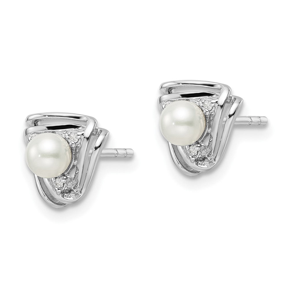 Sterling Silver Rhodium-Plated Fwc Pearl And Cz Triangle Post Earrings