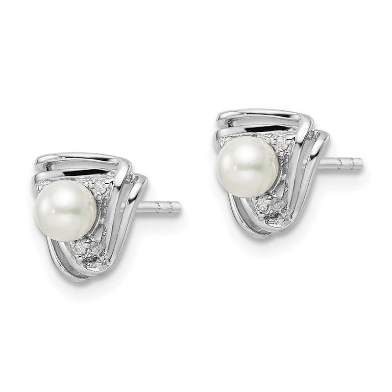 Sterling Silver Rhodium-Plated Fwc Pearl And Cz Triangle Post Earrings