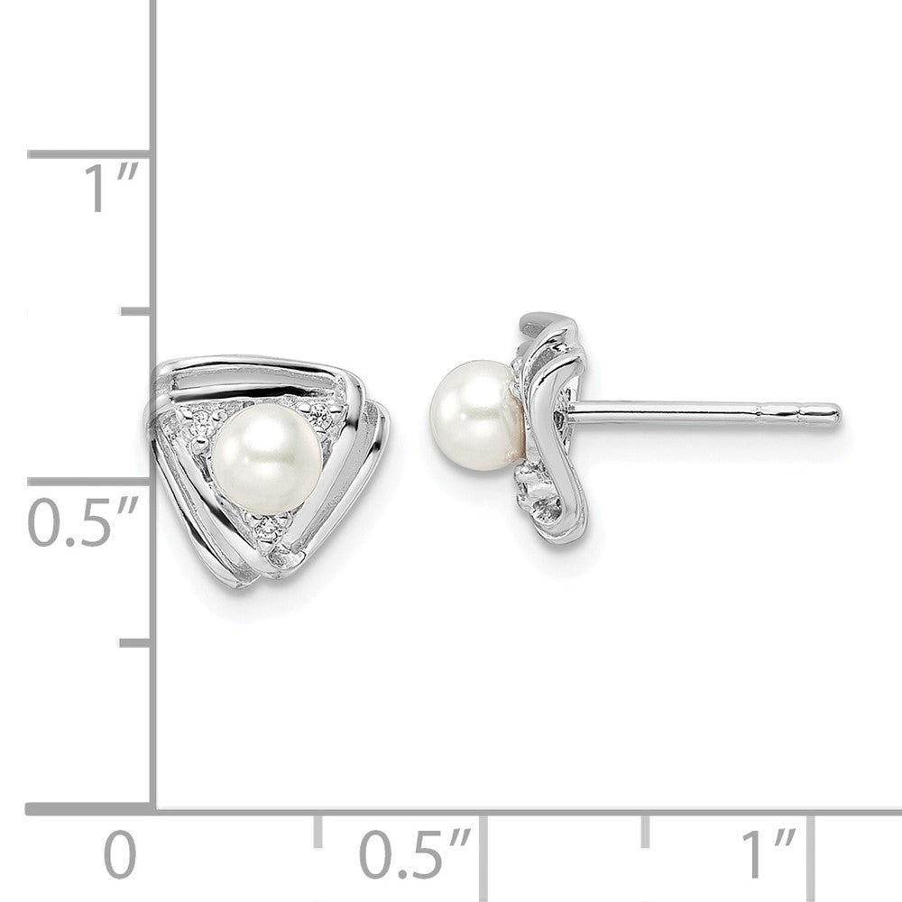 Sterling Silver Rhodium-Plated Fwc Pearl And Cz Triangle Post Earrings