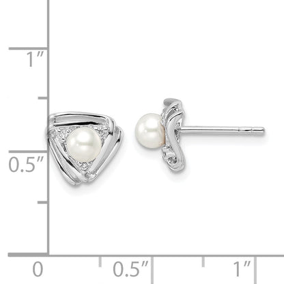 Sterling Silver Rhodium-Plated Fwc Pearl And Cz Triangle Post Earrings