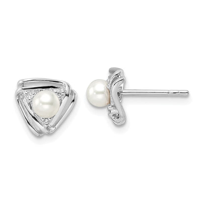 Sterling Silver Rhodium-Plated Fwc Pearl And Cz Triangle Post Earrings
