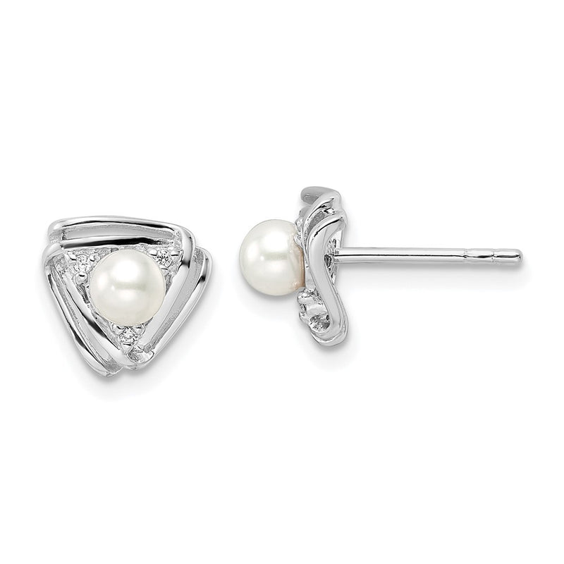 Sterling Silver Rhodium-Plated Fwc Pearl And Cz Triangle Post Earrings