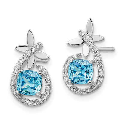 Sterling Silver Rhodium Plated Blue & White Cz Butterfly Post Earrings