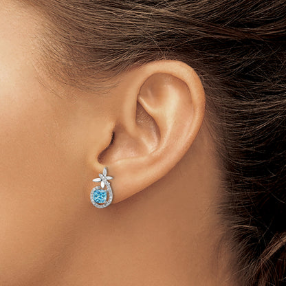 Sterling Silver Rhodium Plated Blue & White Cz Butterfly Post Earrings