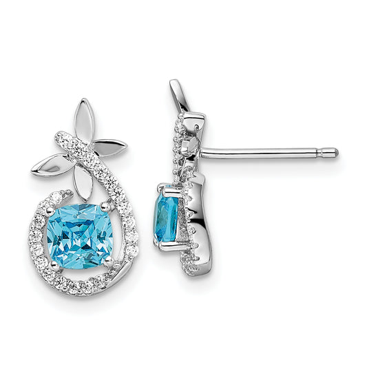 Sterling Silver Rhodium Plated Blue & White Cz Butterfly Post Earrings