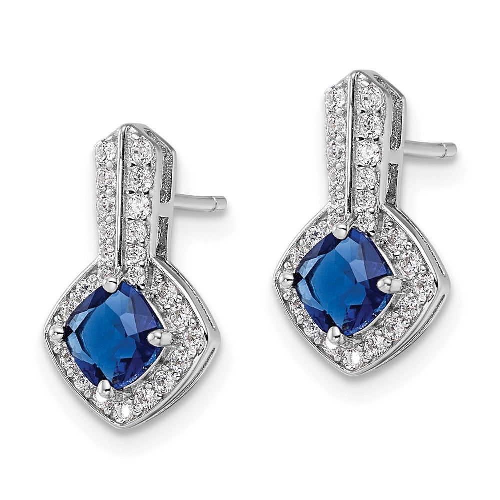 Sterling Silver Rhodium-Plated Cz And Blue Glass Post Earrings