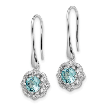 Sterling Silver Rhodium Plated Aqua & White Cz Dangle Earrings