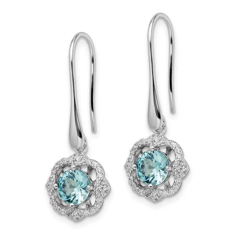 Sterling Silver Rhodium Plated Aqua & White Cz Dangle Earrings