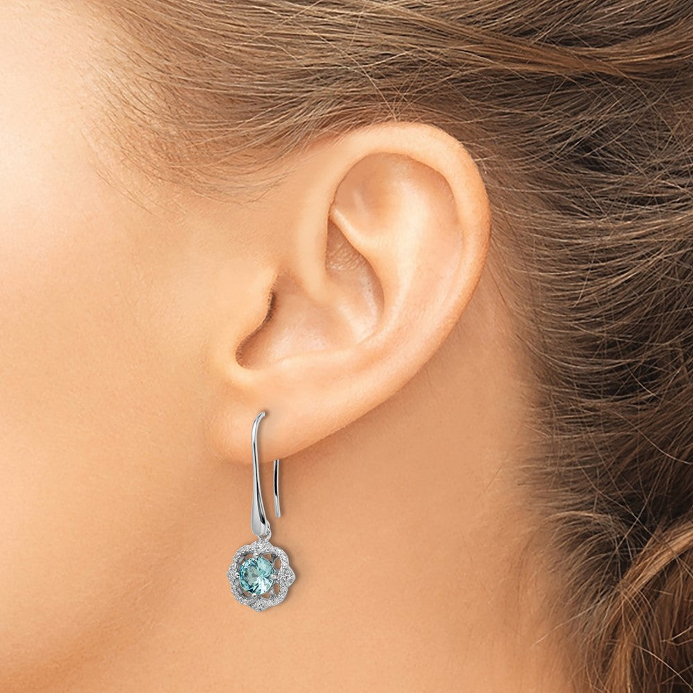 Sterling Silver Rhodium Plated Aqua & White Cz Dangle Earrings