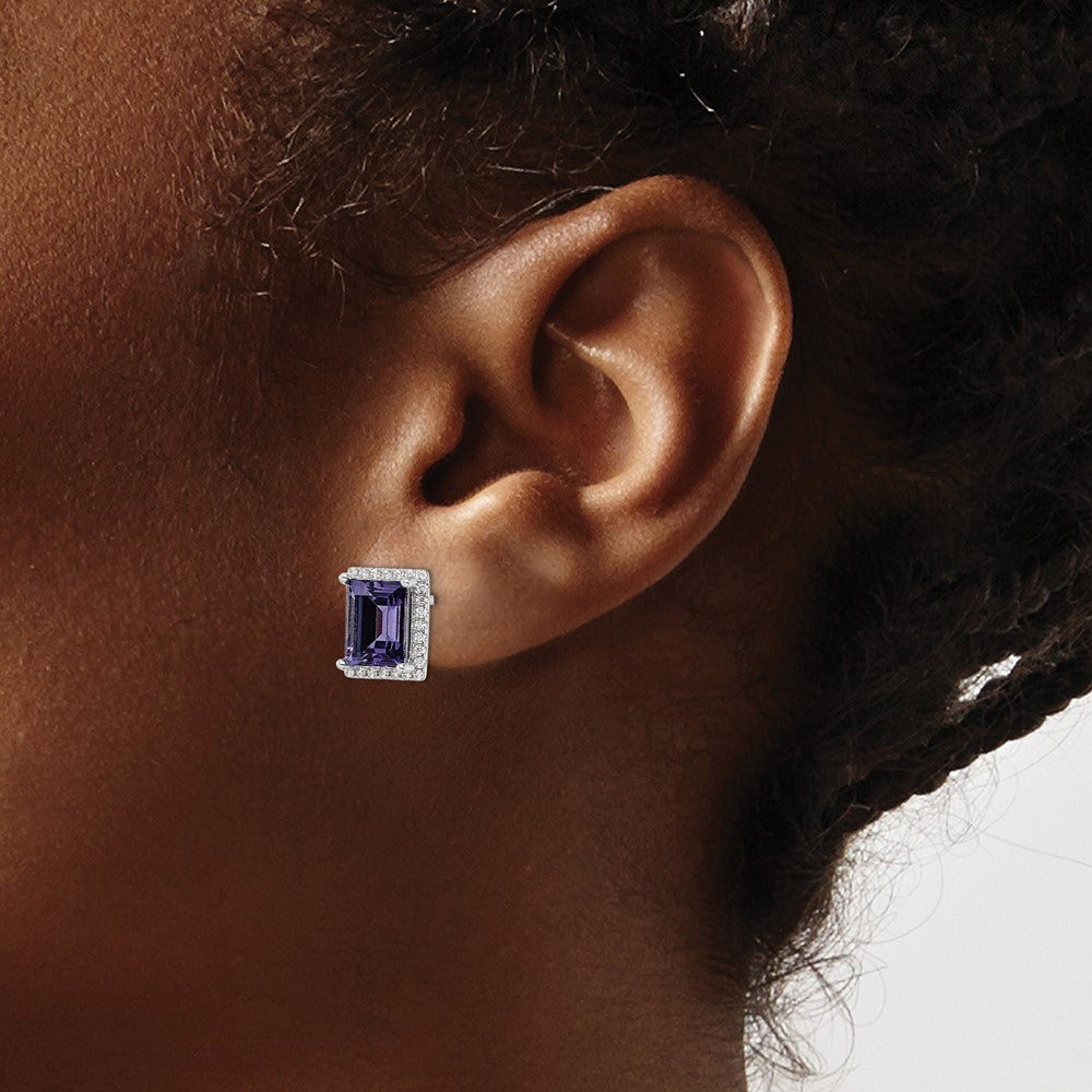 Sterling Silver Rhodium-Plated Cz & Purple Swarovski Crystal Post Earrings