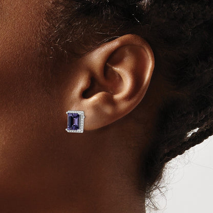 Sterling Silver Rhodium-Plated Cz & Purple Swarovski Crystal Post Earrings