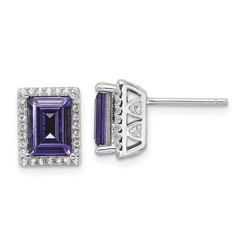 Sterling Silver Rhodium-Plated Cz & Purple Swarovski Crystal Post Earrings