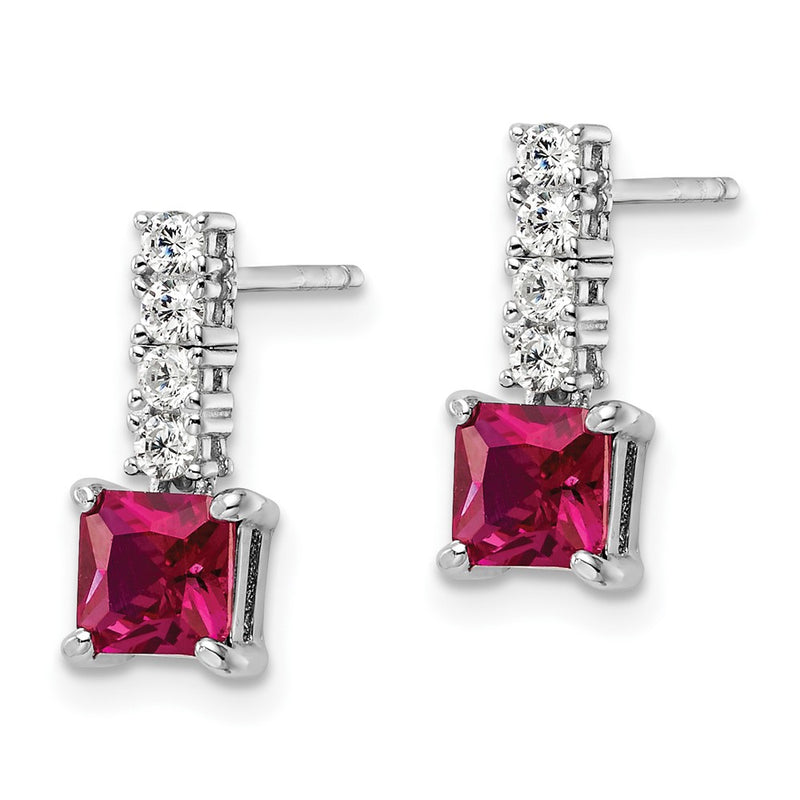 Sterling Silver Rhodium-Plated Created Ruby And Cz Post Dangle Earrings