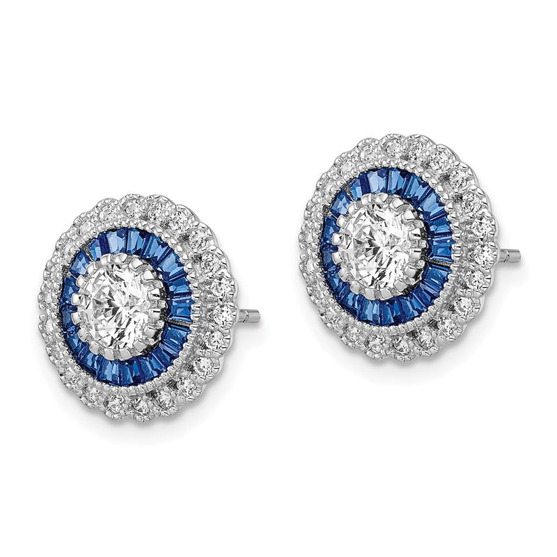 Sterling Silver Rhodium-Plated Polished Blue & White Cz Round Post Earrings
