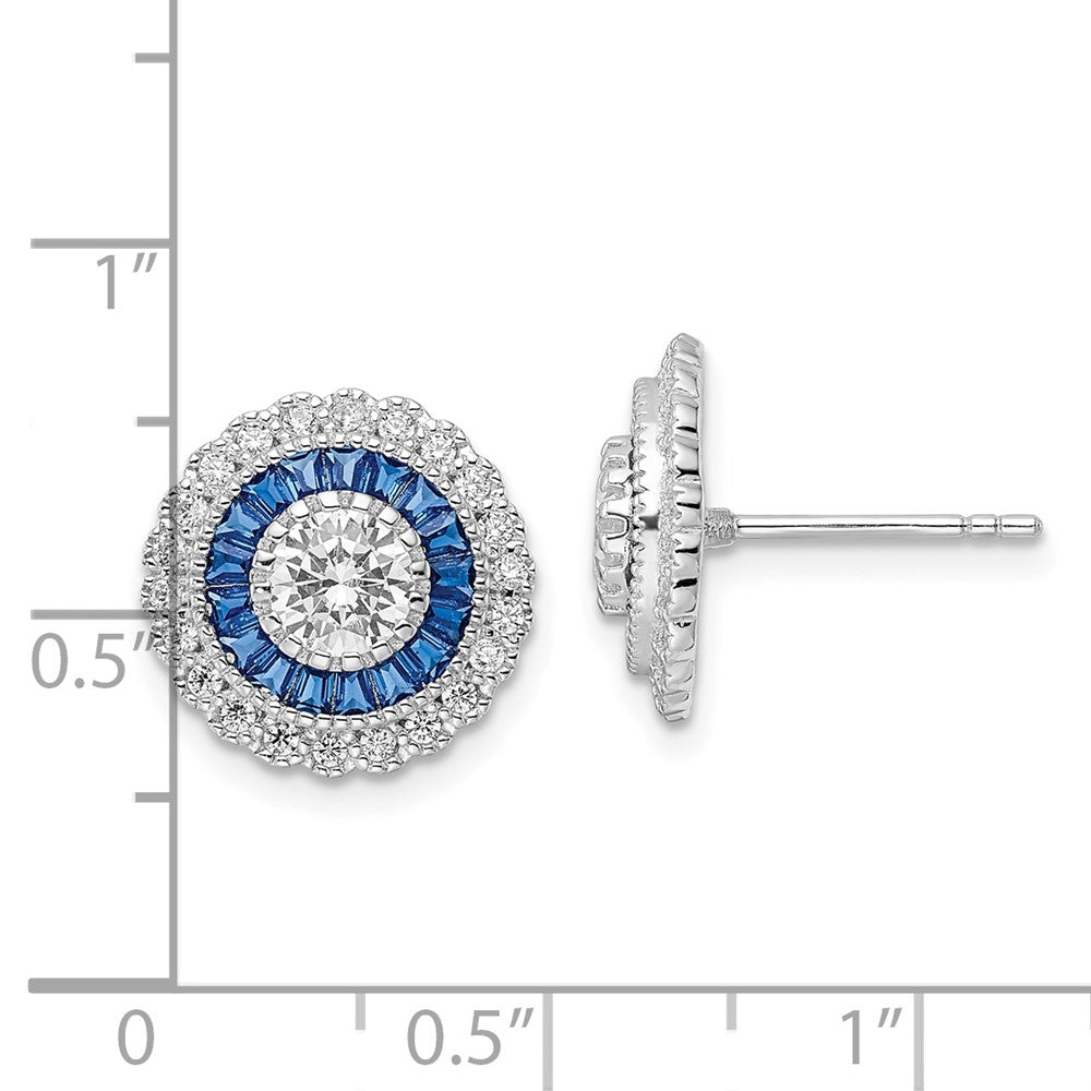 Sterling Silver Rhodium-Plated Polished Blue & White Cz Round Post Earrings