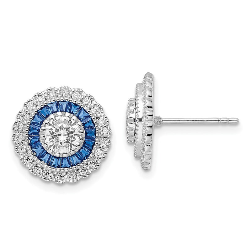 Sterling Silver Rhodium-Plated Polished Blue & White Cz Round Post Earrings