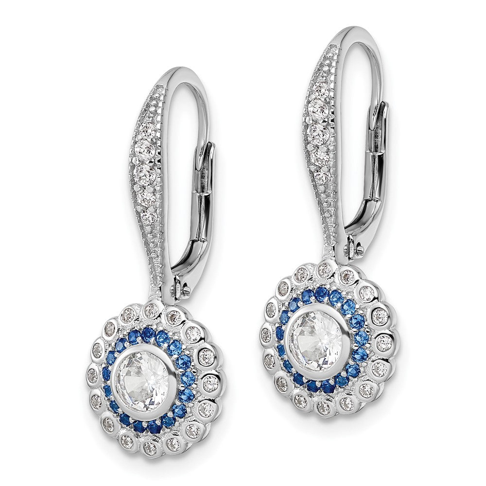 Sterling Silver Rhodium-Plated Polished Blue & White Cz Leverback Earrings