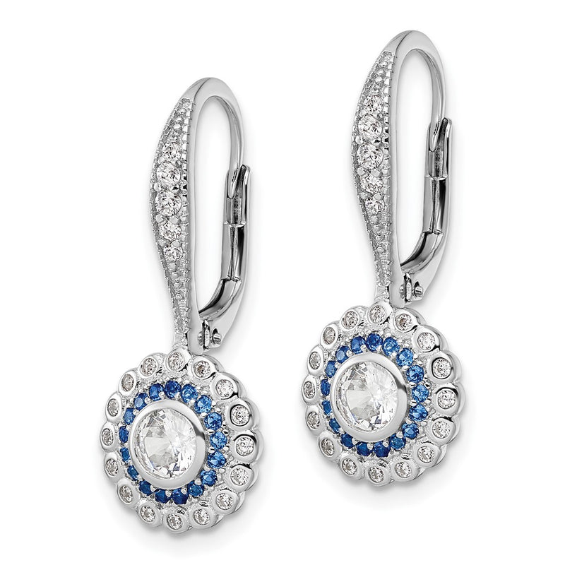 Sterling Silver Rhodium-Plated Polished Blue & White Cz Leverback Earrings