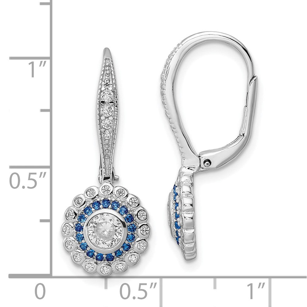 Sterling Silver Rhodium-Plated Polished Blue & White Cz Leverback Earrings