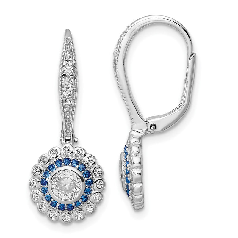 Sterling Silver Rhodium-Plated Polished Blue & White Cz Leverback Earrings