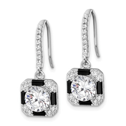 Sterling Silver Rhodium-Plate Cz & Black Nano Crystal Square Earrings