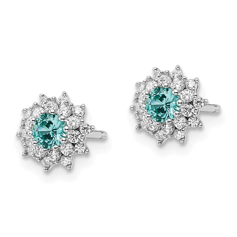 Sterling Silver Rhodium Plated Teal & White Cz Post Earrings
