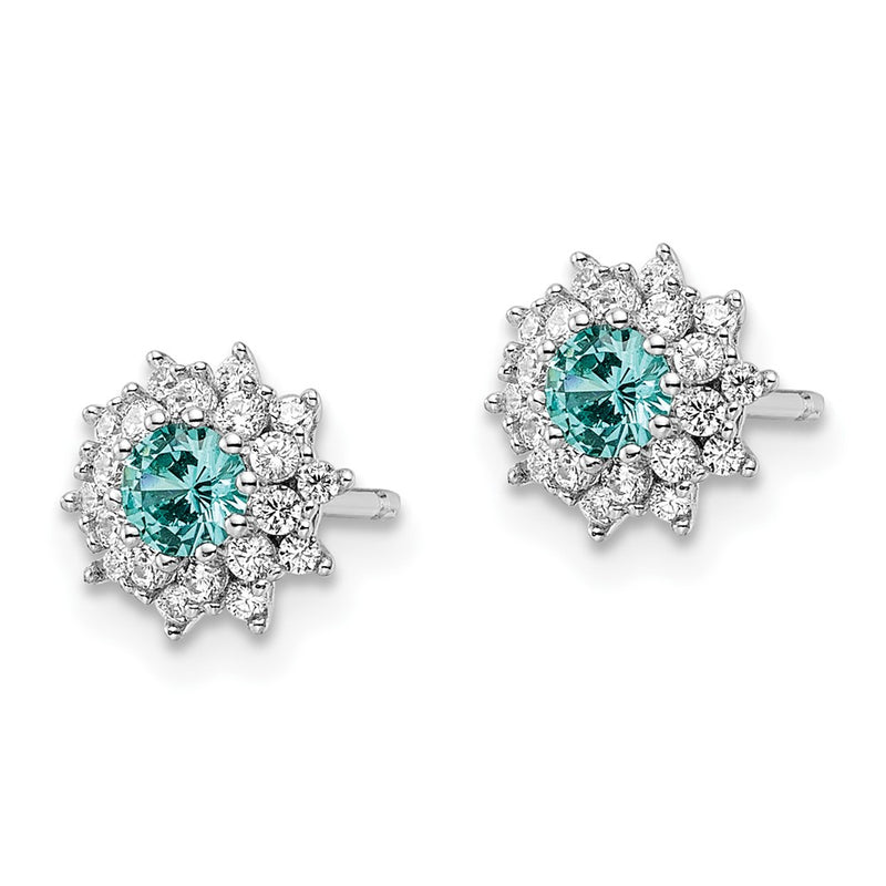 Sterling Silver Rhodium Plated Teal & White Cz Post Earrings
