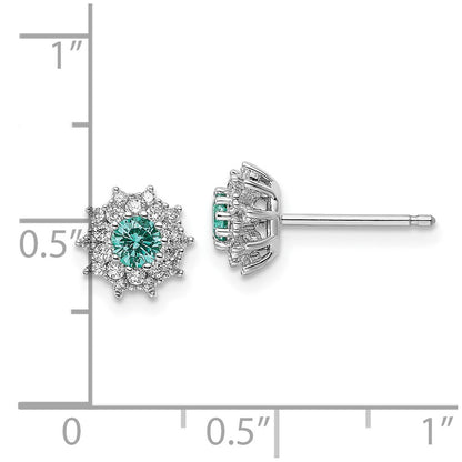 Sterling Silver Rhodium Plated Teal & White Cz Post Earrings