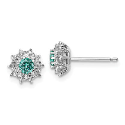 Sterling Silver Rhodium Plated Teal & White Cz Post Earrings