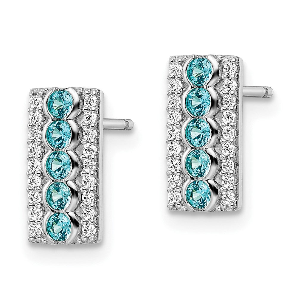 Sterling Silver Rhodium Plated Aqua & White Cz Post Earrings