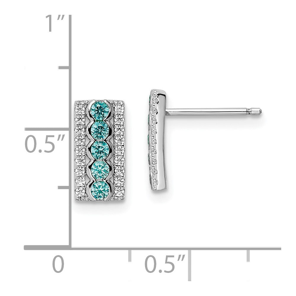 Sterling Silver Rhodium Plated Aqua & White Cz Post Earrings