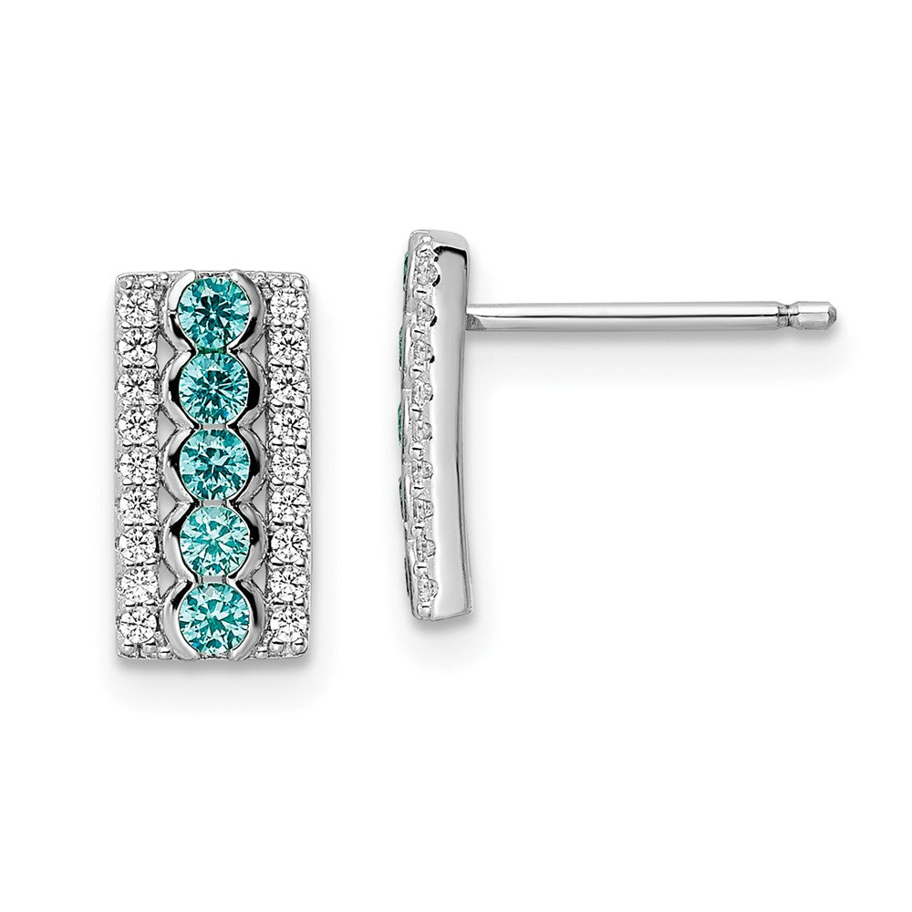 Sterling Silver Rhodium Plated Aqua & White Cz Post Earrings