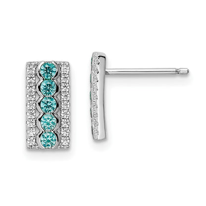 Sterling Silver Rhodium Plated Aqua & White Cz Post Earrings