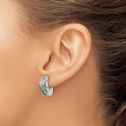 Sterling Silver Rhodium-Plated Green & White Cz Hinged Hoop Earrings