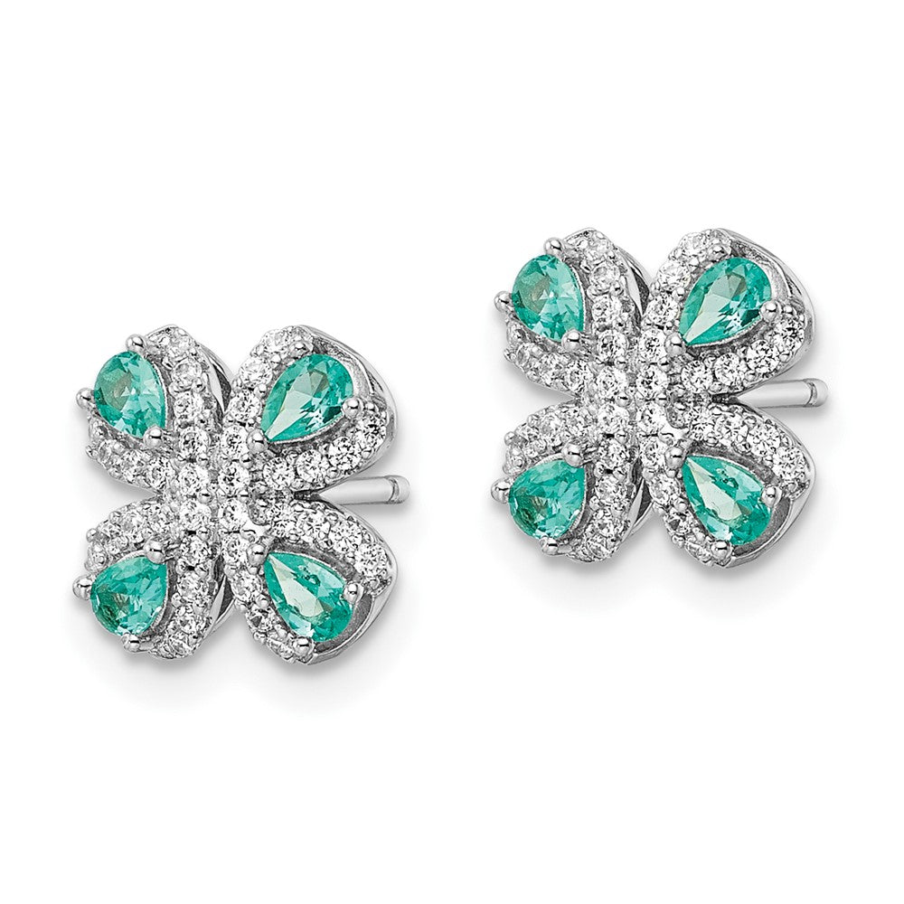 Sterling Silver Rhodium Plated Teal & White Cz Post Earrings