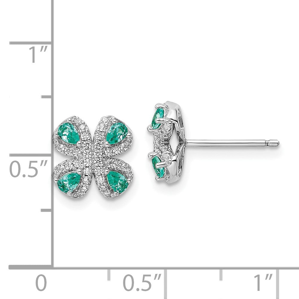 Sterling Silver Rhodium Plated Teal & White Cz Post Earrings