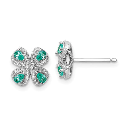 Sterling Silver Rhodium Plated Teal & White Cz Post Earrings