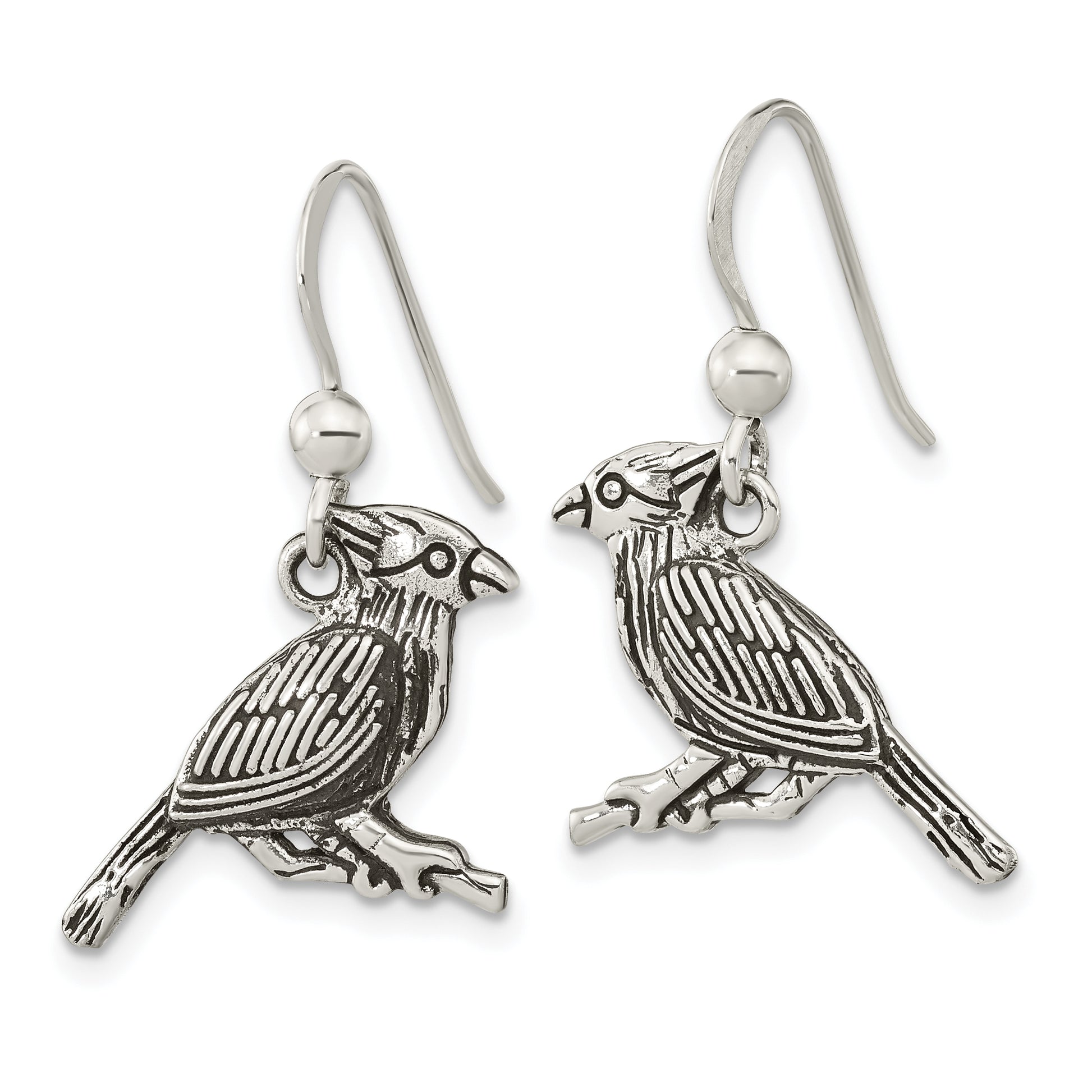Sterling Silver Antiqued Bird On Branch Dangle Earrings