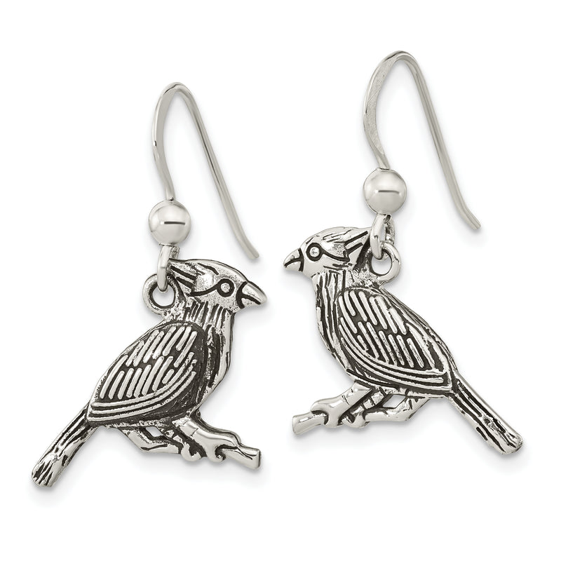 Sterling Silver Antiqued Bird On Branch Dangle Earrings