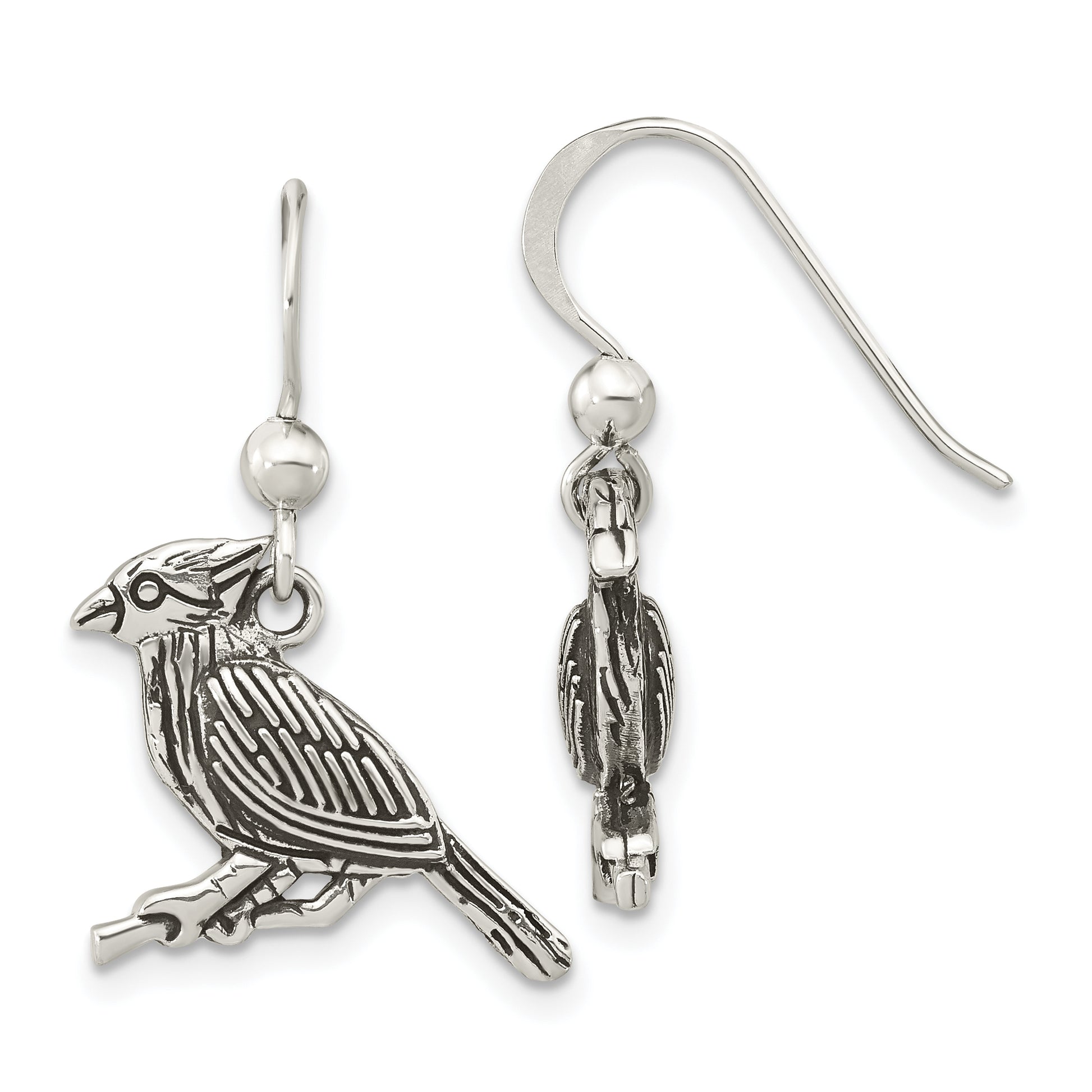 Sterling Silver Antiqued Bird On Branch Dangle Earrings