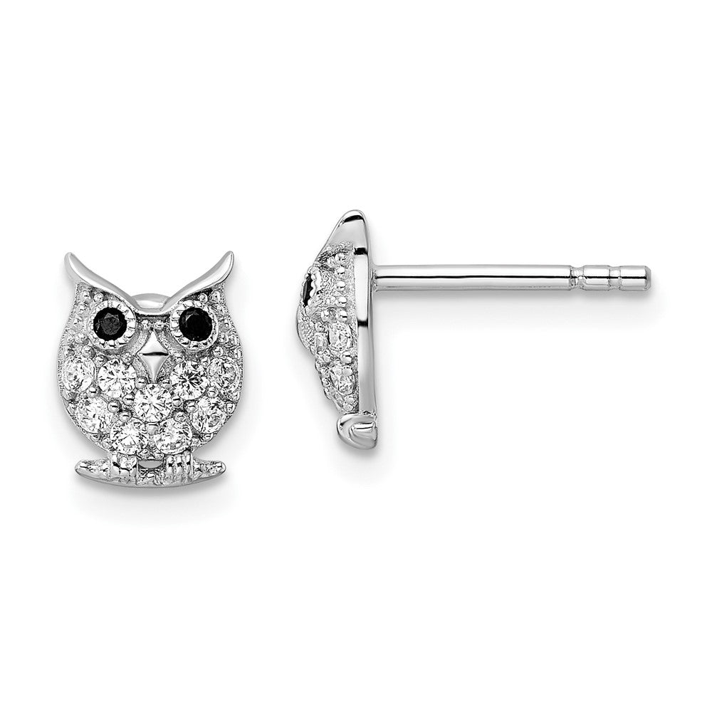 Sterling Silver Rhodium-Plated Black & White Cz Owl Post Earrings