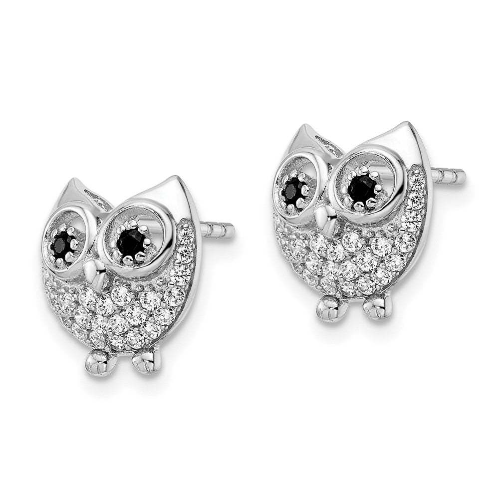 Sterling Silver Rhodium-Plated Black & White Cz Owl Earrings