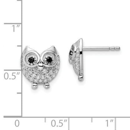 Sterling Silver Rhodium-Plated Black & White Cz Owl Earrings