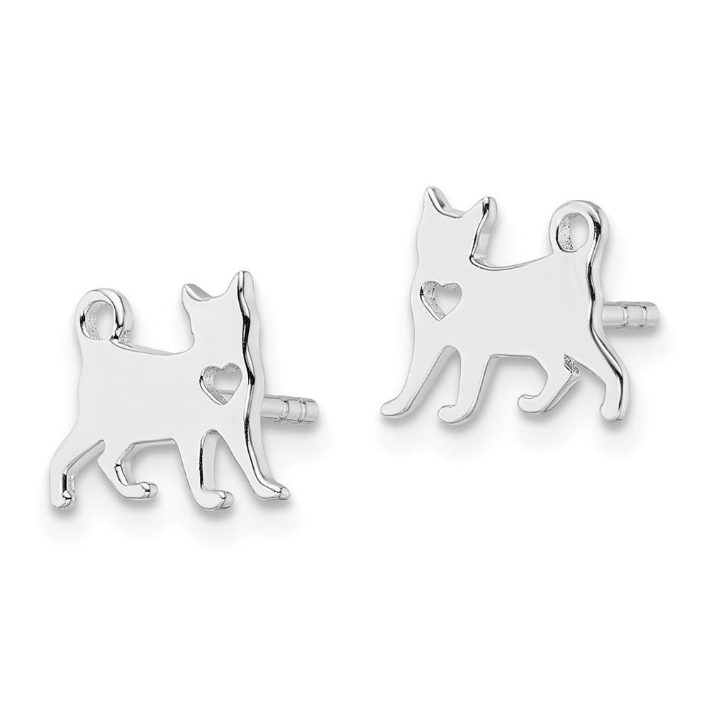 Sterling Silver Rhodium-Plated Cat W/Heart Post Earrings