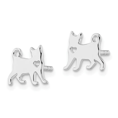 Sterling Silver Rhodium-Plated Cat W/Heart Post Earrings