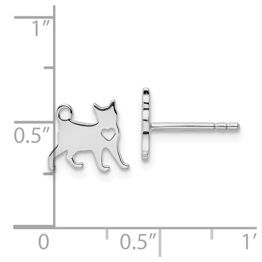Sterling Silver Rhodium-Plated Cat W/Heart Post Earrings
