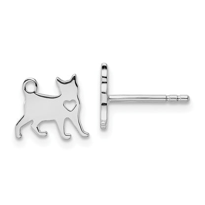 Sterling Silver Rhodium-Plated Cat W/Heart Post Earrings