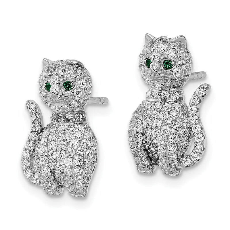 Sterling Silver Rhodium-Plated Polished Green & White Cz Cat Post Earrings
